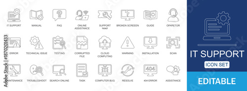 Technical IT Support Helpdesk Customer Service Troubleshooting Vector line Icon Set. Editable linear vector icons.