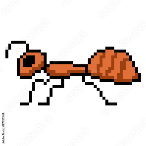 Pixel red ant vector for bug games. Ideal for forest levels, insect enemies, fire ant colonies, and retro 8-bit nature icons.