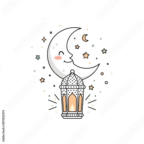 Smiling crescent moon with lantern and stars