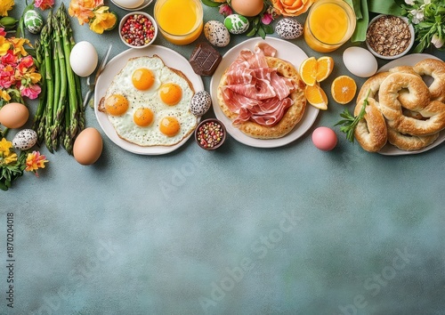 Wallpaper Mural Colorful and vibrant breakfast spread with fried eggs, cured meat on flatbread, orange juice, assorted eggs, bagels, fresh asparagus, flowers, and spices arranged on a blue surface Torontodigital.ca