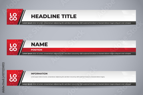 Red and White Lower Third Graphics with Hexagonal Logo Area and Informative Text Layout for Broadcast Media