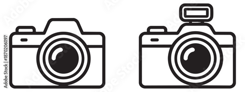 Line art camera icon set featuring a digital camera and a camera with flash for photography and user interface design