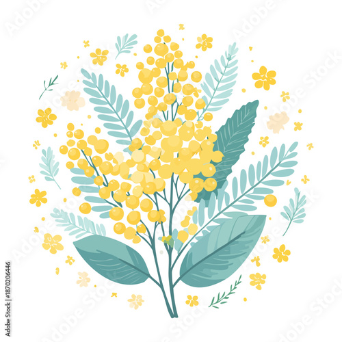 ミモザの花と葉が丸く配置された春らしい華やかなイラスト