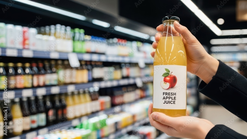 custom made wallpaper toronto digitalPerson's hands holding a bottle of fresh apple juice in a well-stocked grocery store