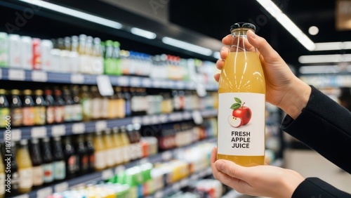 Wallpaper Mural Person's hands holding a bottle of fresh apple juice in a well-stocked grocery store Torontodigital.ca