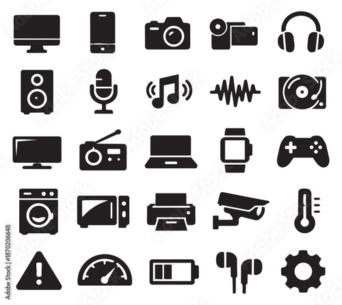 Solid icon technology set featuring various digital devices, home appliances, and tech concepts for modern digital life