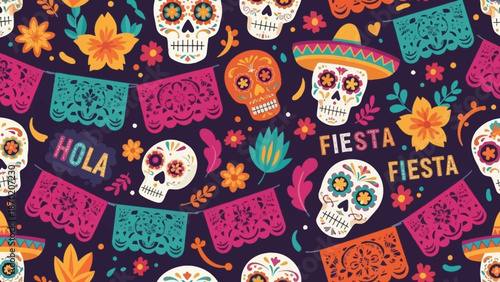 Vibrant Day of the Dead celebration with sugar skulls and papel picado
