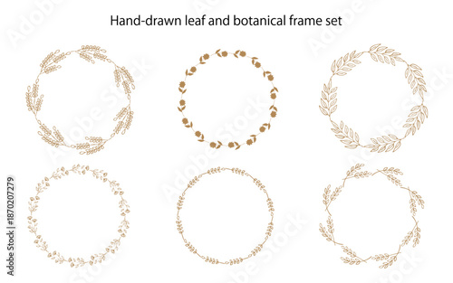 落ち着いた色の手描きの植物フレームセット。