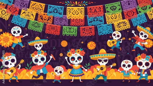 Vibrant Day of the Dead celebration with dancing skeletons in colorful Mexican attire