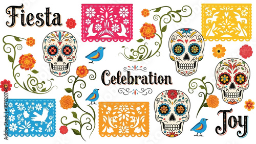 Vibrant Day of the Dead celebration with sugar skulls and flowers