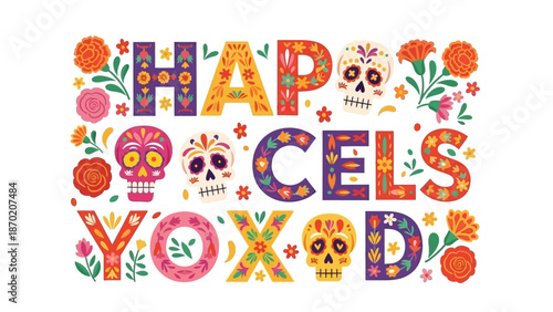 Vibrant Day of the Dead greeting with colorful skulls and flowers