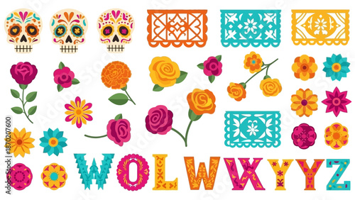 Vibrant Day of the Dead decorations with sugar skulls and flowers