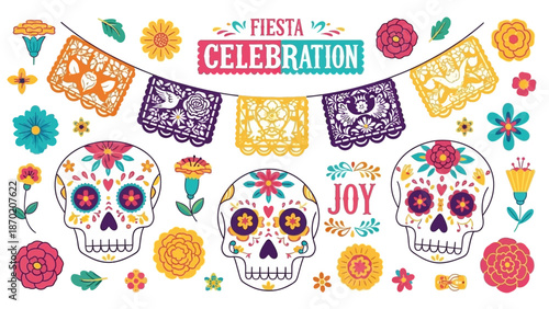Vibrant Day of the Dead fiesta celebration with sugar skulls and flowers