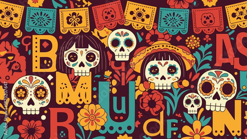 Vibrant Day of the Dead celebration with colorful skulls and flowers