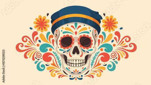 Vibrant sugar skull wearing blue hat with colorful floral designs