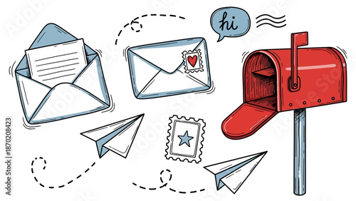 Hand drawn set of mail and communication elements including mailbox and envelopes.