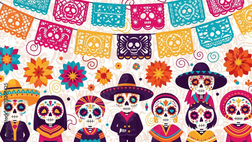 Vibrant Day of the Dead celebration with colorful skulls and festive decorations
