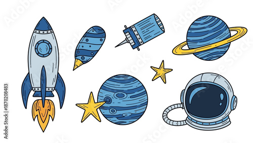 Hand drawn space exploration elements set including rocket planets and astronaut helmet.