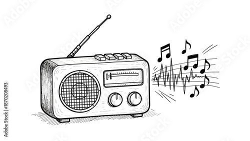 Hand drawn sketch of a vintage radio playing music with musical notes.