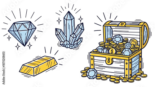 Hand Drawn Treasure Chest with Gold Bars and Diamonds.