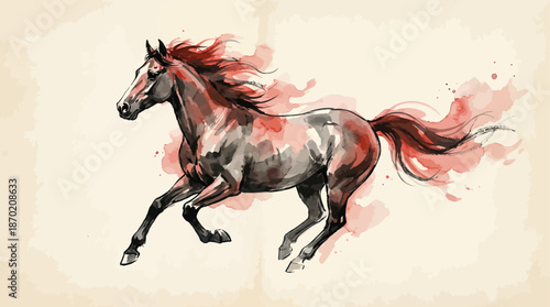 Dynamic watercolor painting of a galloping horse with vibrant red and black ink splashes, capturing movement and energy on a light background.
