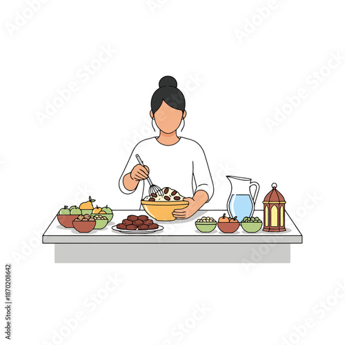 Woman Preparing Food For Ramadan Feast With Dates And Refreshments Laid Out On Table For Celebration Meal