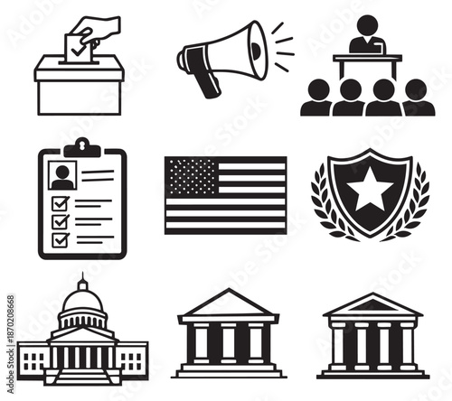 Government and politics glyph icon set featuring election, democracy, and public service symbols for civic education
