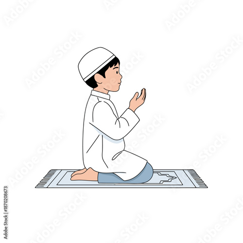 Young Boy Kneeling on Prayer Mat Engaged in Supplication Wearing Traditional Islamic Attire