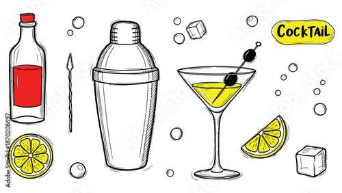 Hand-drawn cocktail set with shaker, glass, bottle, and lemon.