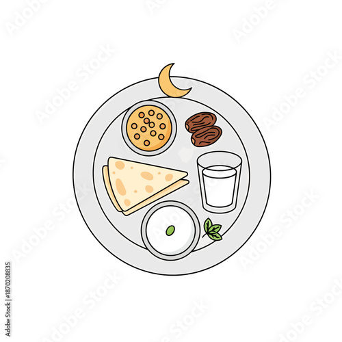 Traditional Islamic Iftar Meal Including Dates Yogurt Flatbread and Beverage Served on a Plate with Crescent Moon Symbol Overhead View