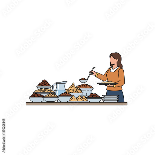 Woman serving buffet food with ladle from a diverse spread of dishes in bowls and plates on a table presentation