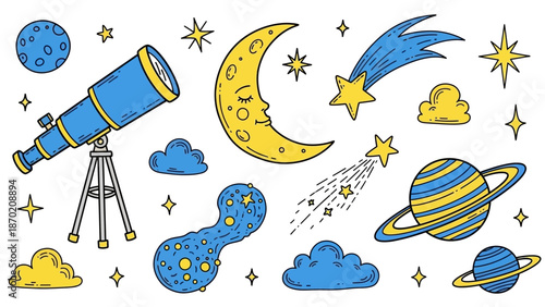 Hand-drawn space objects set with telescope, moon, planets, and stars.