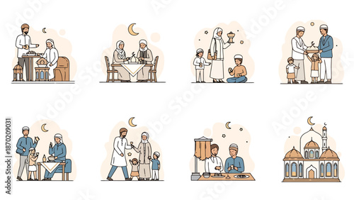 Muslim Family Gathering For Iftar Meal Breaking Fast Together During Ramadan Celebration And Community Worship Traditions With Mosque Architecture