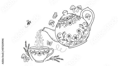 Intricate Teapot Pouring Tea into a Cup with Floral and Mushroom Accents.