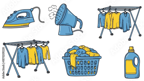 Laundry Day Essentials Collection - Iron, Steamer, Drying Racks, Basket, and Detergent.