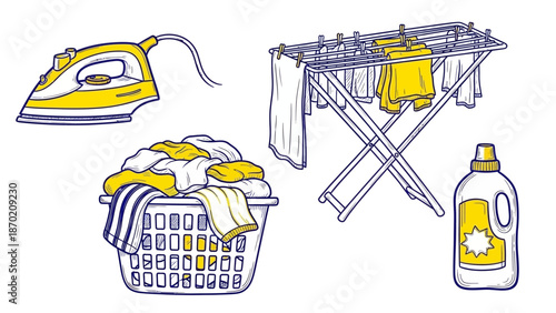 Laundry day essentials - iron, clothes rack, basket, and detergent.