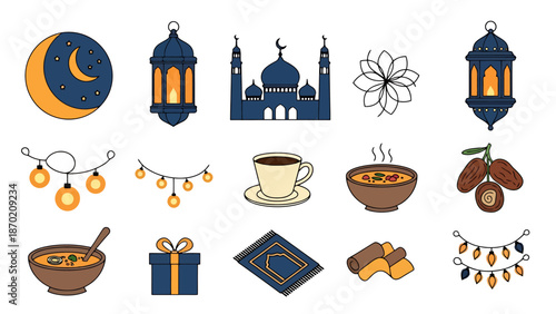 Collection of Islamic Holiday Symbols Featuring Mosque Lanterns Dates Food Prayer Mat Lights Moon Crescent and Floral Elements for Celebration and
