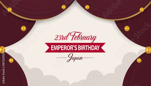 Elegant banner celebrating Emperor's Birthday in Japan on February 23rd, featuring red curtains and gold decorations with festive typography.