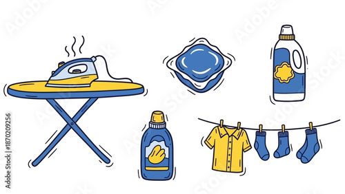 Laundry day essentials - ironing board, detergent, and clothesline with drying garments.