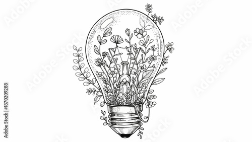 Lightbulb with Flowers and Leaves Inside Hand Drawn Illustration.