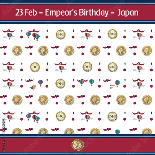 A festive pattern celebrating the Emperor's Birthday in Japan on February 23rd, featuring hot air balloons, circular emblems, and exclamation marks.