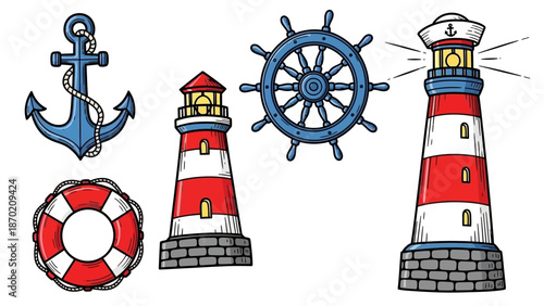 Nautical Elements Collection Hand Drawn Style Illustration.