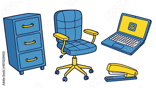 Office essentials collection with filing cabinet, chair, laptop, and stapler.