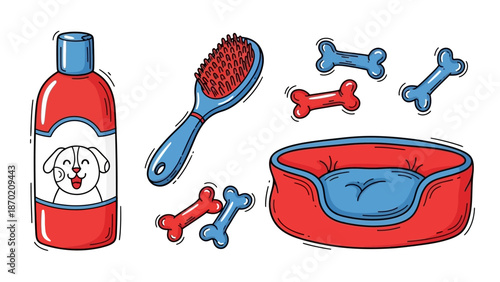 Pet care essentials set with shampoo brush and dog bed.