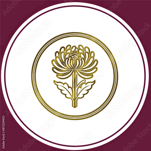 Golden chrysanthemum flower emblem in a double circle on a white and maroon background, elegant design.