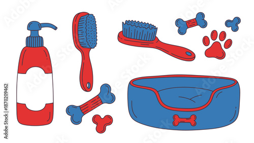Pet care essentials - shampoo, brushes, toys, and a cozy bed for dogs and cats.