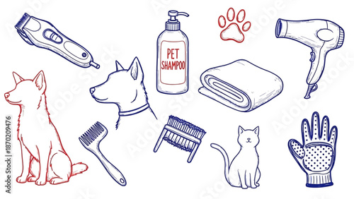 Pet Grooming Essentials Hand Drawn Illustration Set.