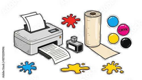 Printer with paper, ink, and color splatters for printing concepts.