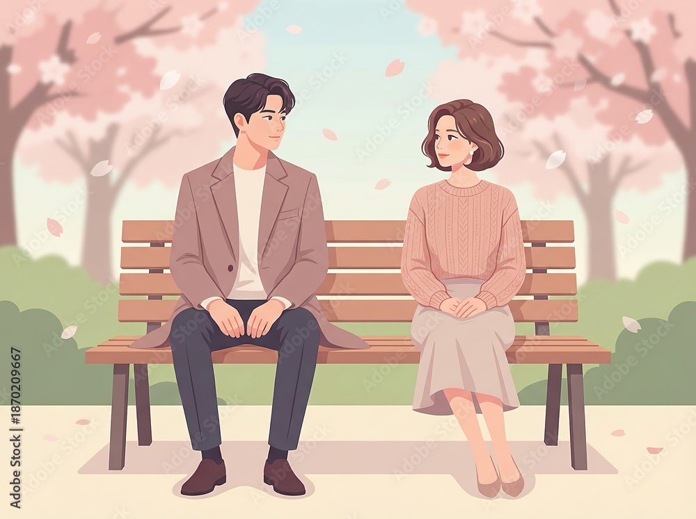 Obraz premium A soft illustration of a young couple sitting together on a bench, capturing quiet romance, emotional distance, and unspoken feelings in a calm urban setting.
