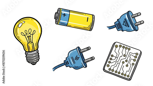Set of hand drawn electrical components including light bulb battery plugs and circuit board.